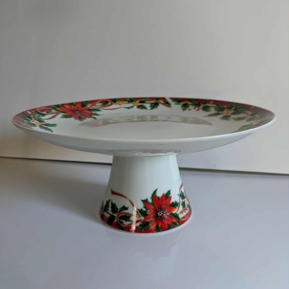 Poinsettia Sunflower Fine Porcelain Footed Christmas Cake Plate Pedestal Stand